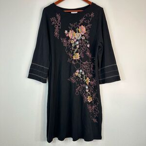 J.Jill Black Boho Floral Embroidered T-shirt Dress Womens Large Whimsygoth Fairy